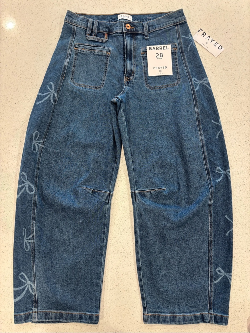 Frayed Women’s Barrel Jeans in Medium Blue - Relaxed Fit Side Panel Bows Size 28